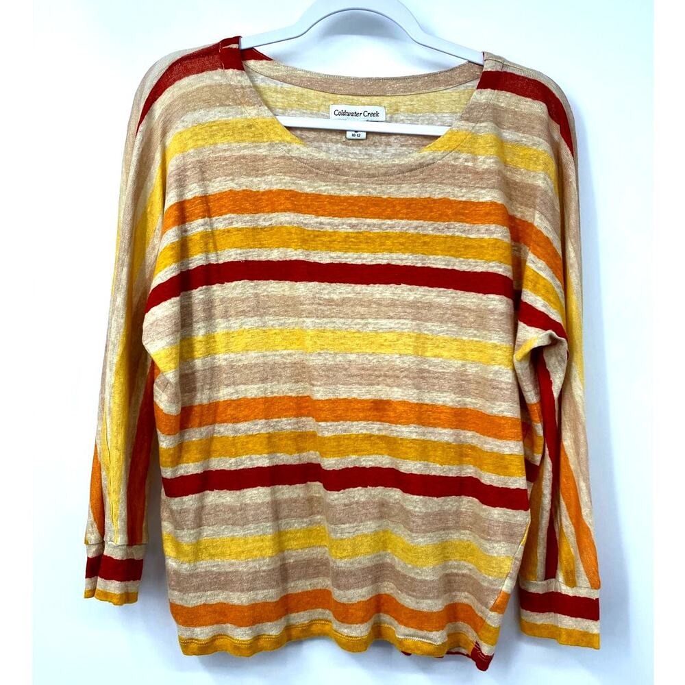Coldwater Creek Womens Striped 3/4 Sleeve Linen Shirt Top Sweater Medium